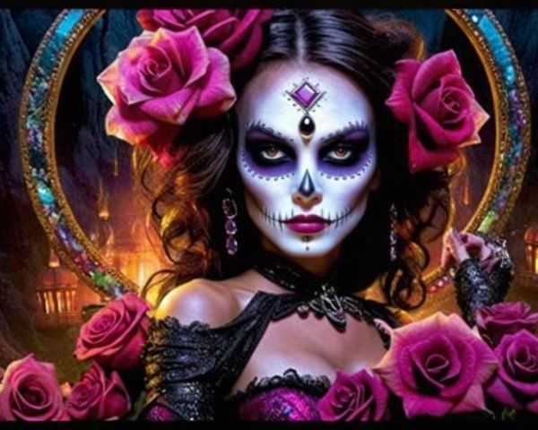 Woman with sugar skull makeup and floral attire