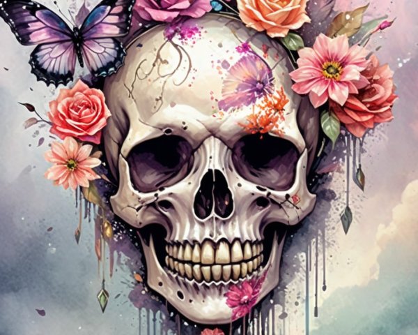 Colorful Skull Decorated with Flowers and Butterflies