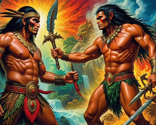 Muscular Warriors in Battle with Tribal Face Paint