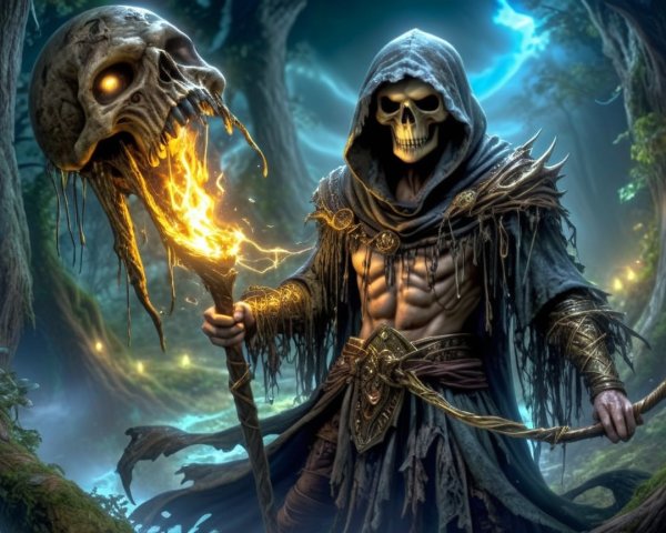 Mysterious Figure in Dark Robes with Glowing Skull Staff