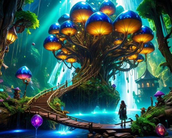 Mystical Tree and Pagoda by Serene Lake with Orbs