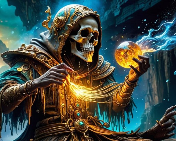Mystical figure with skull face in ethereal landscape