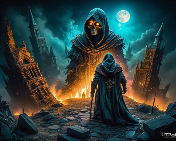 Hooded Figure and Colossal Skeletal Being in Ruins