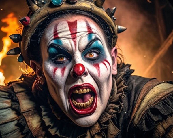 Menacing Clown with Toothy Grin and Eerie Setting