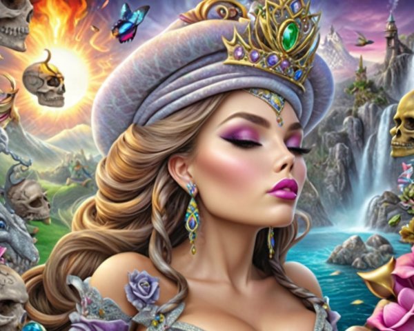 Regal Woman in Jeweled Crown with Mystical Landscape