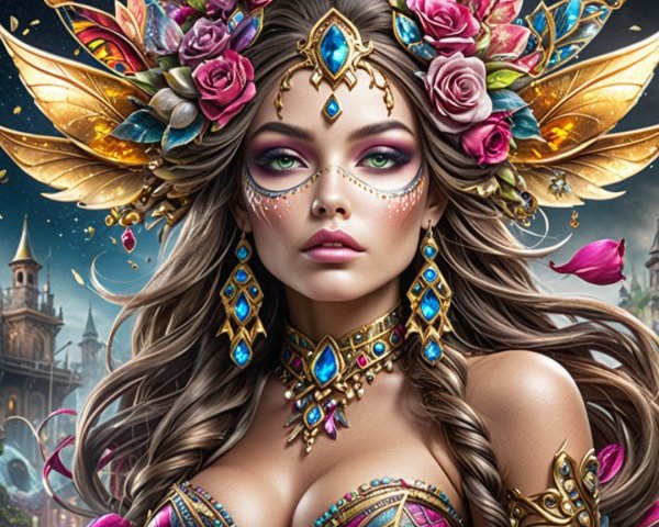 Fantasy Character with Jewelry and Floral Headdress