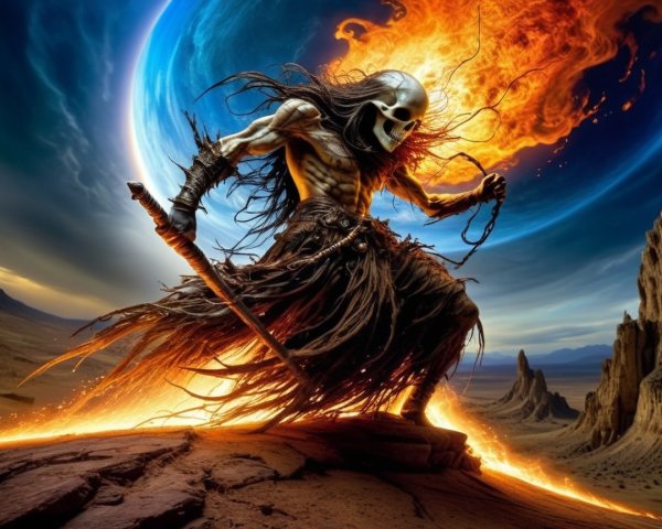 Skeletal Warrior in Fiery Landscape with Celestial Sky