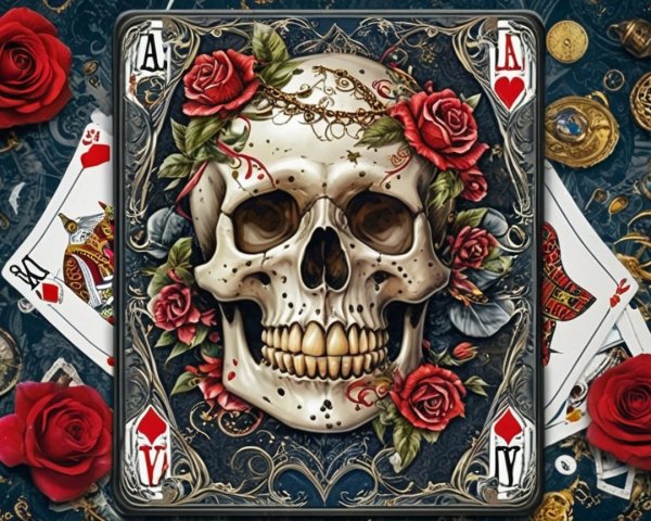 Stylized Playing Card with Skull and Floral Motifs
