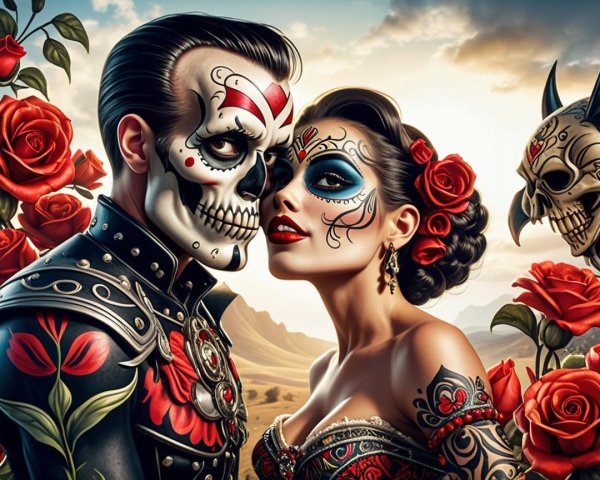 Couple in Día de los Muertos Makeup with Floral Details