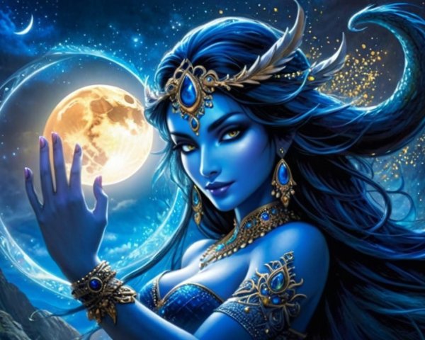 Mystical blue-skinned woman with moonlit backdrop