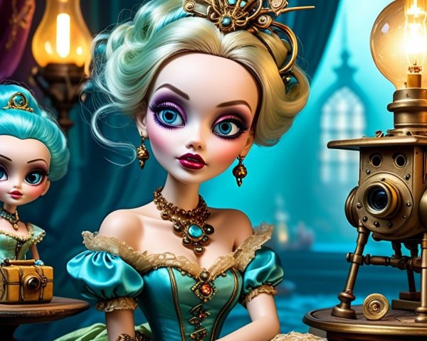 Elegant dolls in opulent outfits with vintage decor