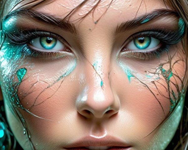 Close-up of a face with green eyes and teal makeup