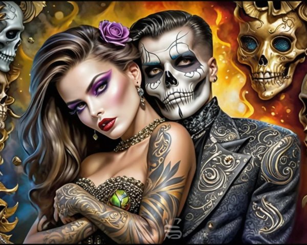 Couple Posing with Skull-Themed Backdrop and Tattoos