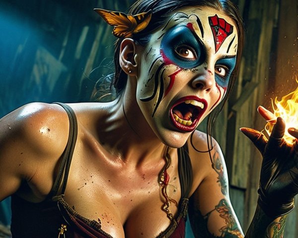 Dramatic Makeup and Fierce Expression with Flame