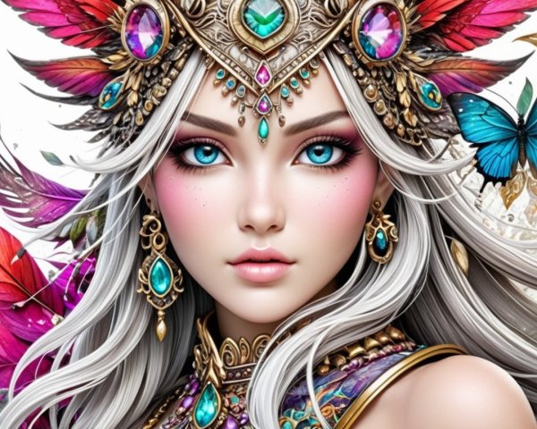 Mystical Young Woman with Silver Hair and Blue Eyes