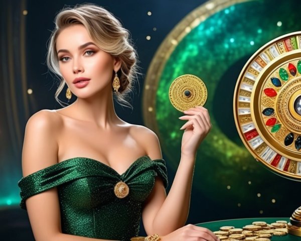 Glamorous Woman in Green Gown by Luxurious Roulette Wheel