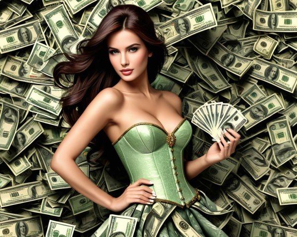Confident Woman in Green Corset Amid Dollar Bills