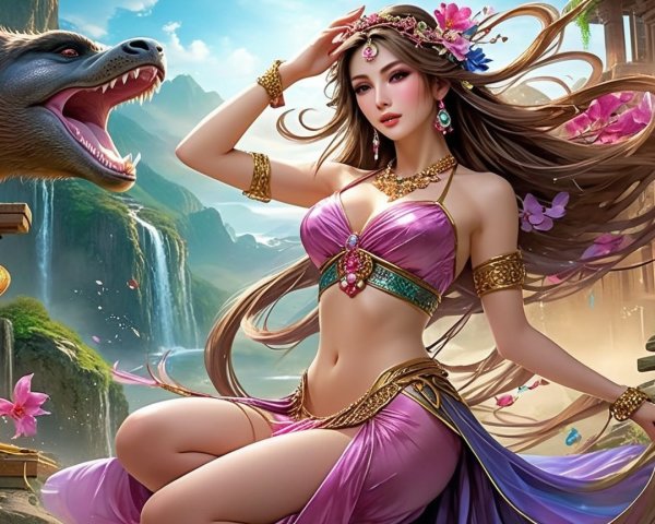 Fantasy Scene with Woman in Purple Outfit and Mythical Creature