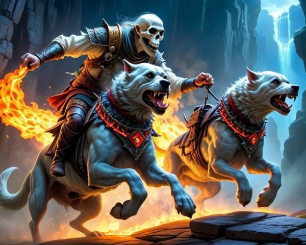 Skeletal Warrior Riding Wolves in Dramatic Landscape