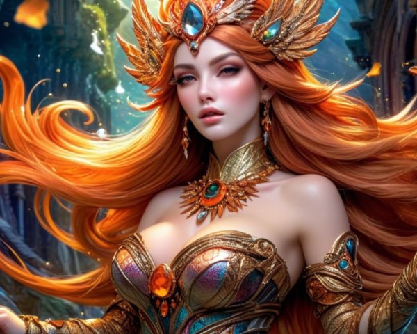Regal figure in gold armor with vibrant gemstones