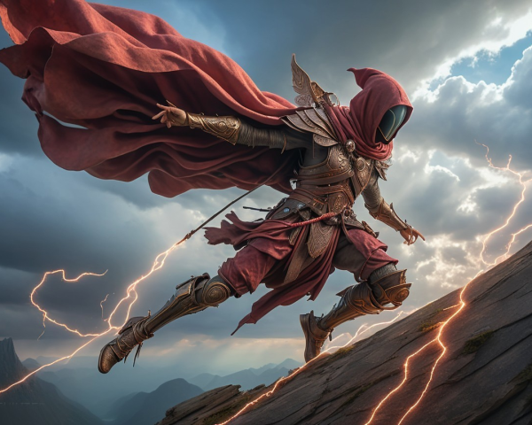 Hooded warrior in armor leaps across rocky terrain