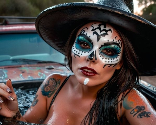 Woman in Sugar Skull Makeup by Old Red Truck