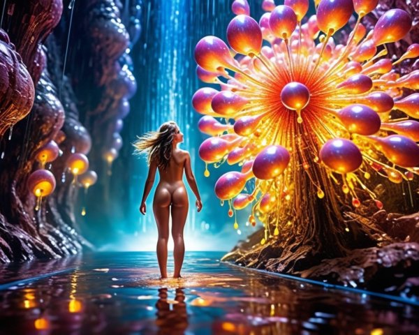 Surreal Landscape with Bioluminescent Flora and Waterfalls