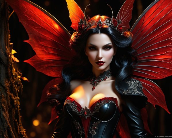 Fantasy figure with red wings in enchanted forest