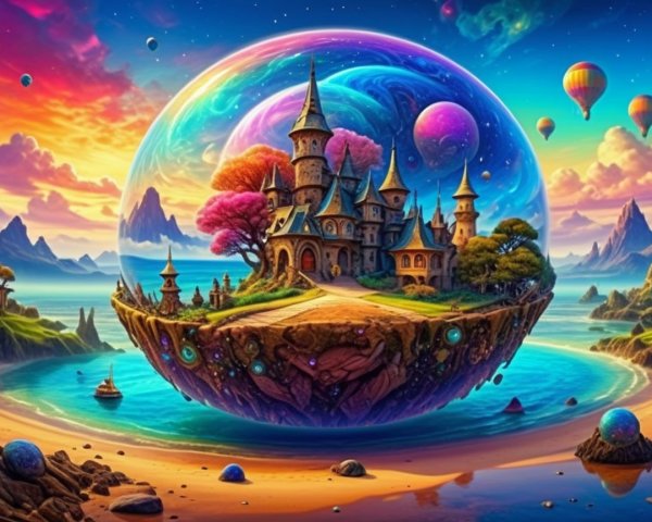 Floating Island with Enchanted Castle and Balloons