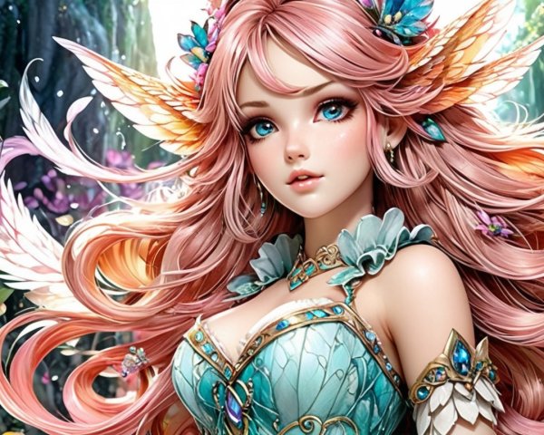 Fantasy Character with Pink Hair and Golden Wings