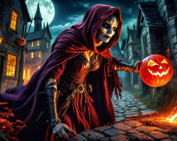Mysterious Figure in Red Cloak on Cobblestone Street