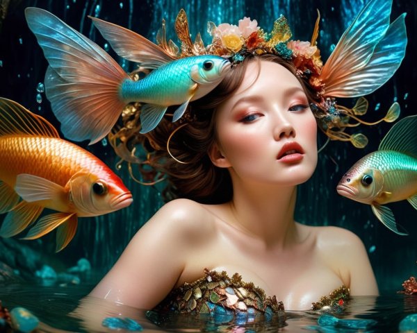 Underwater Scene of a Mystical Mermaid with Goldfish