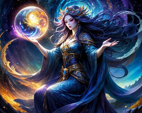 Majestic figure in royal blue gown against cosmic backdrop