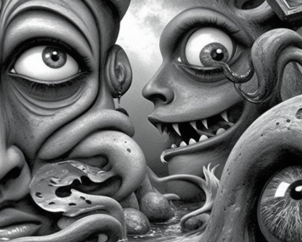 Surreal Monochromatic Landscape with Distorted Faces