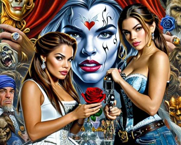 Women with Roses and Guns in Surreal Backdrop