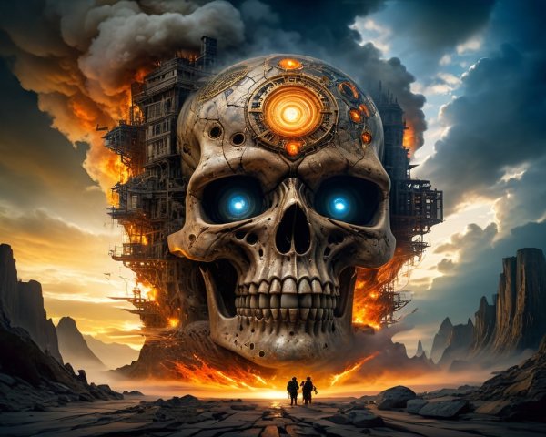 Colossal Skull with Glowing Eyes in Fiery Landscape