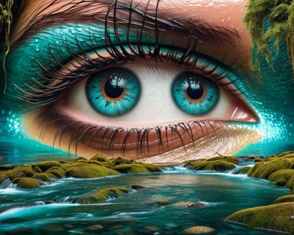 Vibrant Turquoise Eye Against Lush Greenery and Stream
