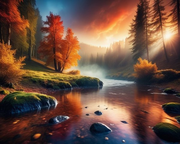 Autumn Landscape with River and Colorful Foliage