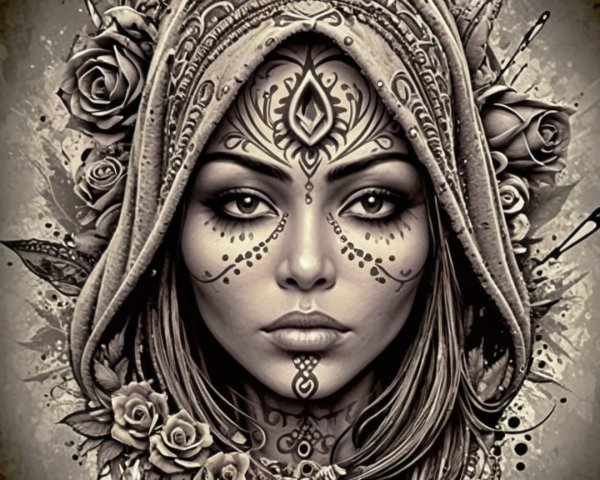 Portrait of a woman with face paint and roses