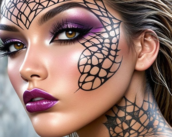 Close-up of Model with Vibrant Makeup and Spiderweb Art