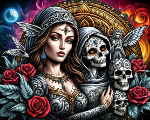 Striking Woman in Ornate Attire with Skulls and Roses