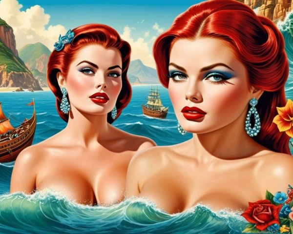 Glamorous Women with Red Hair in Ocean Setting