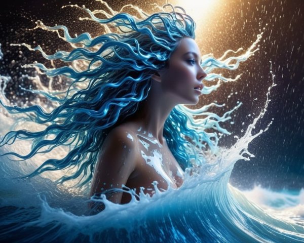 Surreal Scene of Woman in Turbulent Ocean Waves