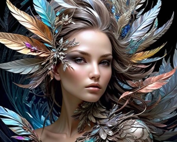 Woman with Metallic Leaves and Feathers in Ethereal Scene
