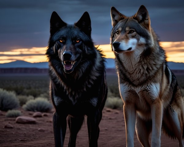 Wolves in Rugged Landscape at Dusk with Sunset Glow
