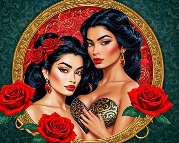 Stylized Women with Dark Hair in Ornate Background