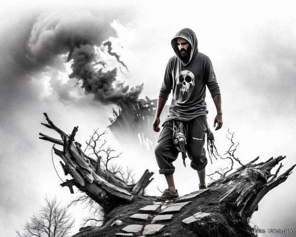 Lone Figure in Hooded Sweatshirt on Barren Landscape