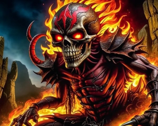 Menacing skeleton in flames with glowing red eyes