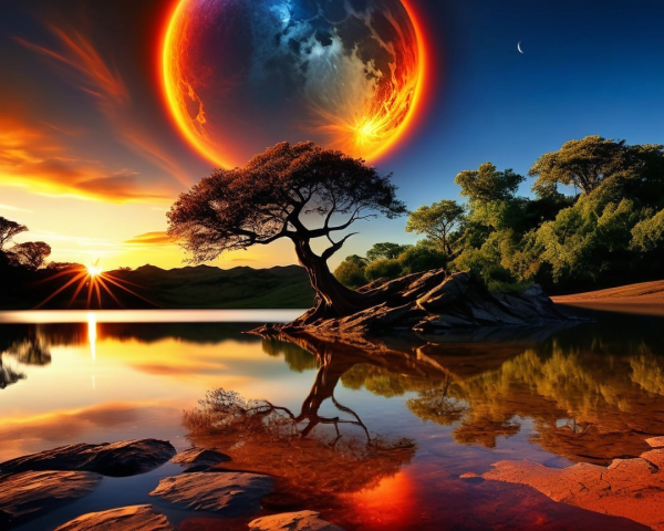 Surreal Landscape with Lake and Vibrant Sunset