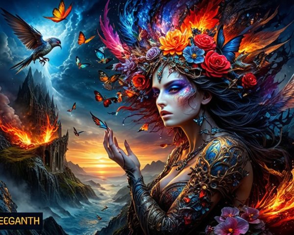 Fantasy Scene of a Mystical Woman in a Fiery Landscape